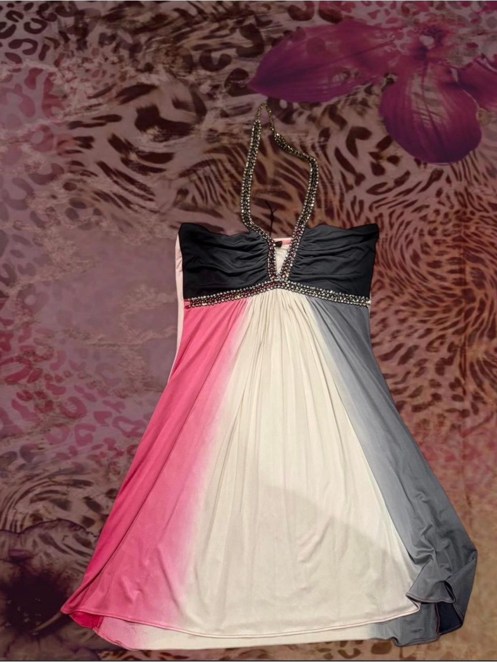Sky Pink White Gray Ombre Halter Dress with Embellished Bodice
